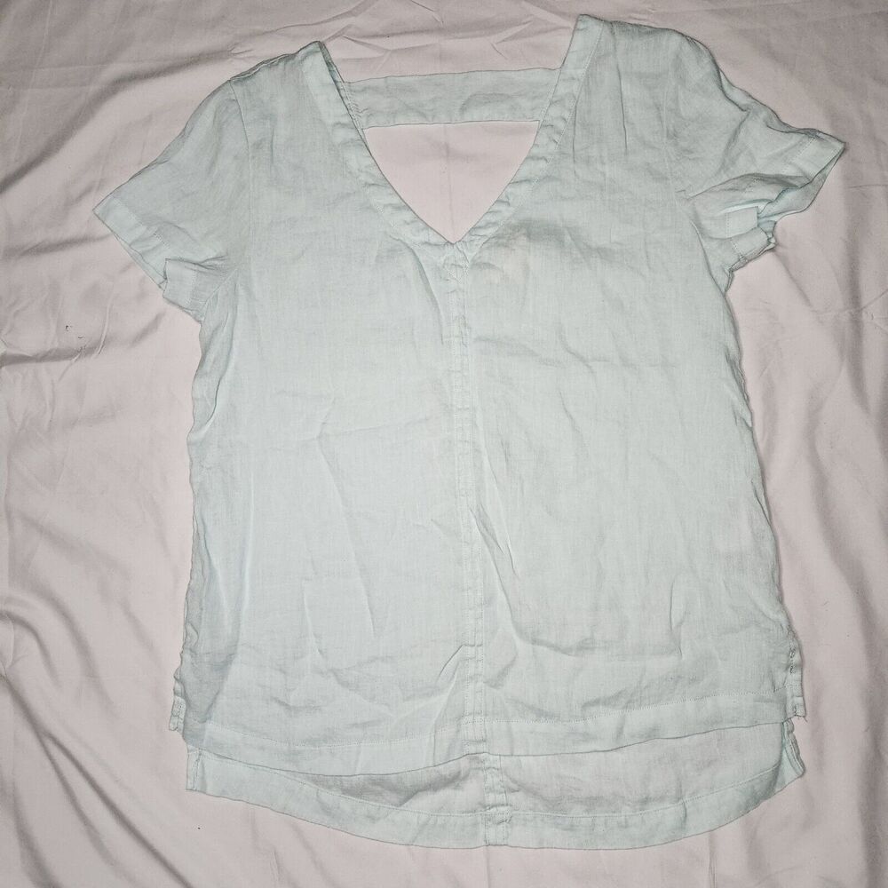C&C California Womens Small 100% Linen Short Sleeve V Neck Shirt Light Blue